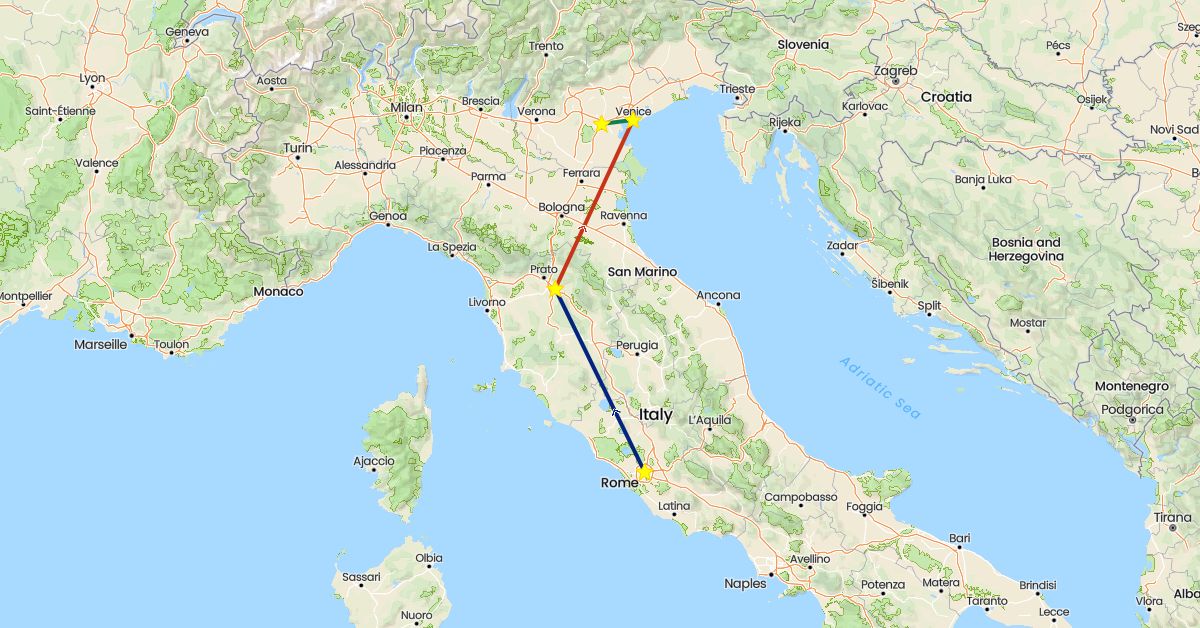TravelMap itinerary: driving, flight, private flight, private car transfer in Italy (Europe)