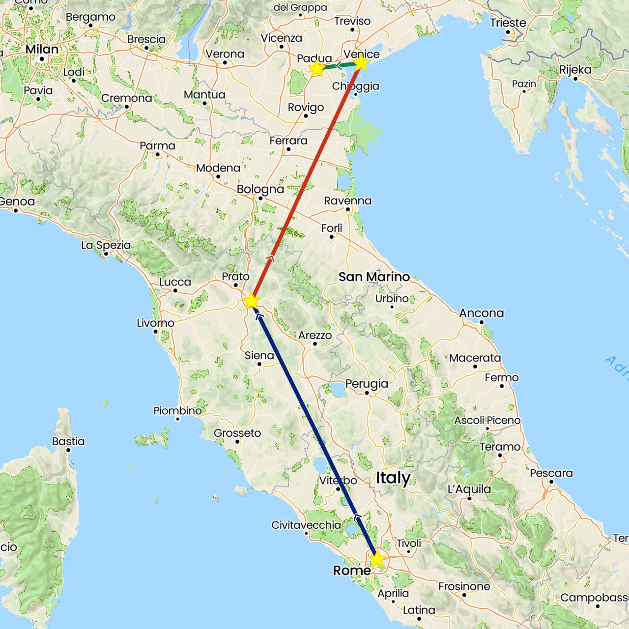TravelMap itinerary: driving, flight, private flight, private car transfer in Italy (Europe)