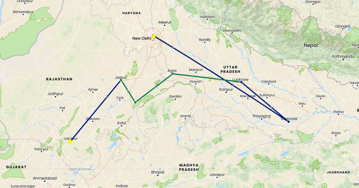 TravelMap itinerary: driving, flight, private car transfer in India (Asia)