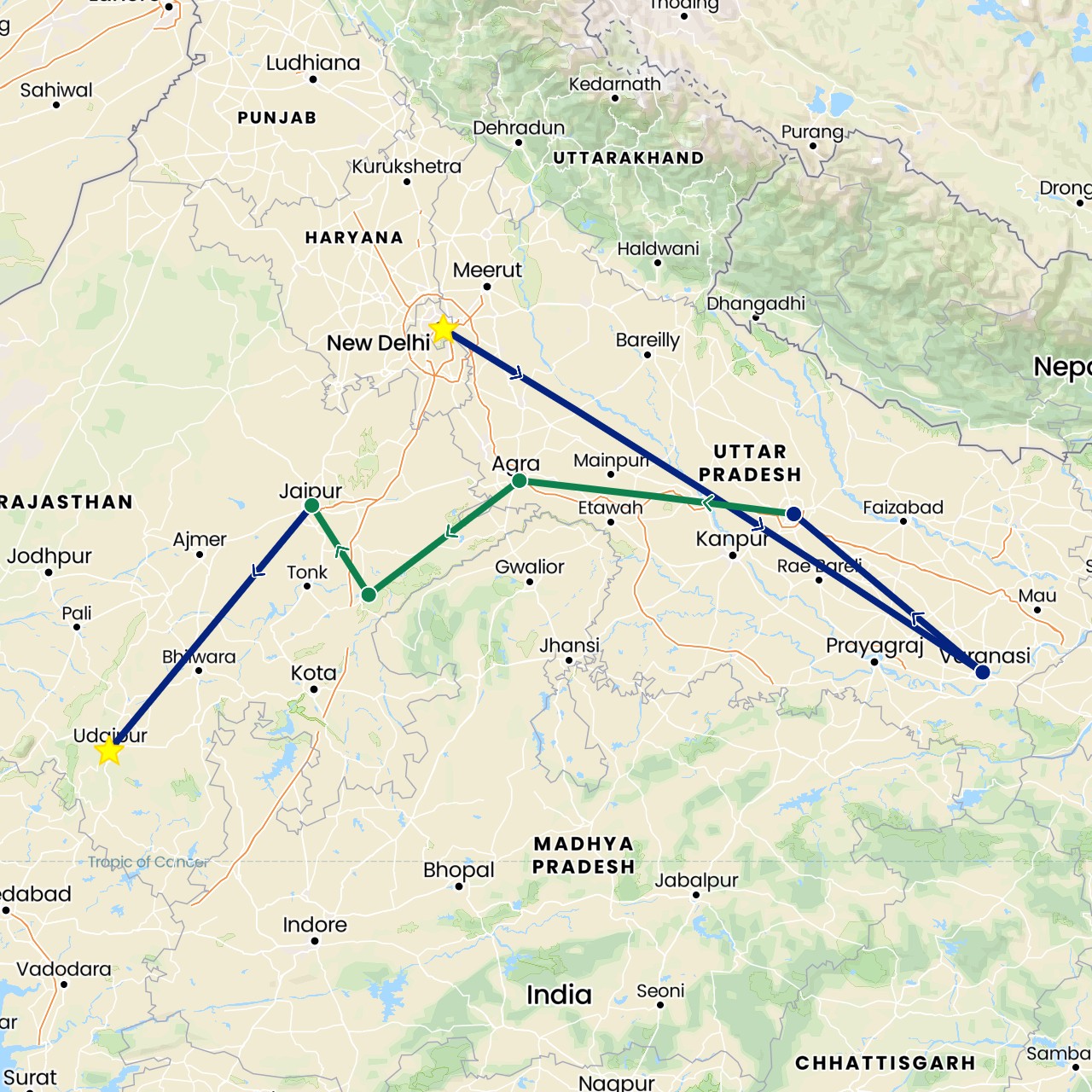 TravelMap itinerary: driving, flight, private car transfer in India (Asia)