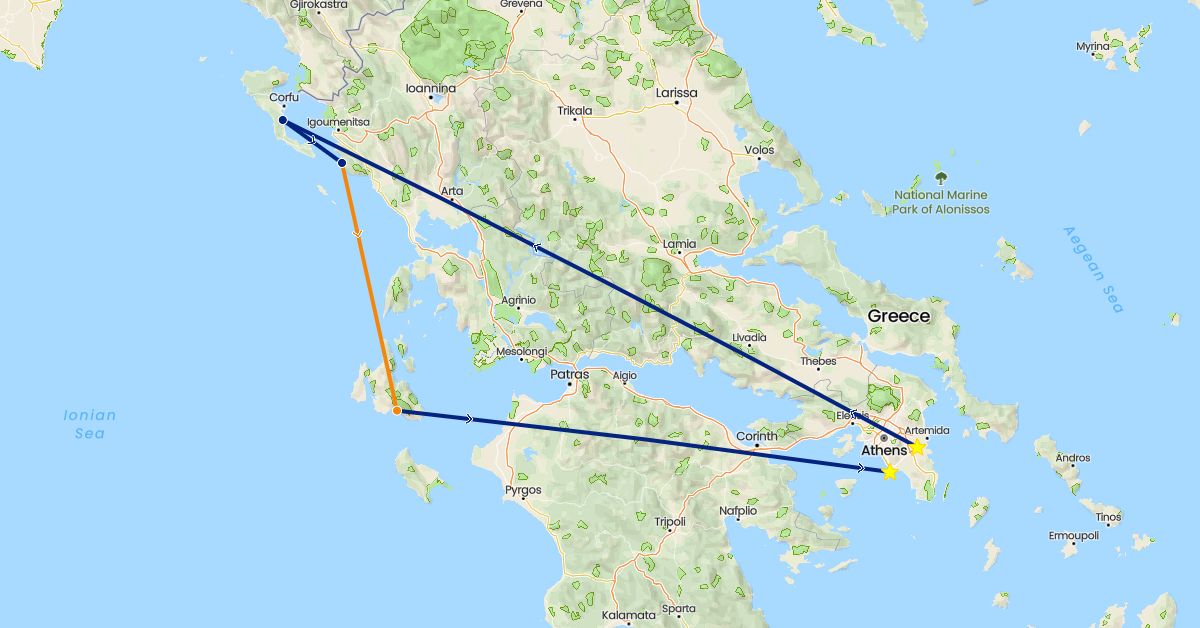 TravelMap itinerary: driving, flight, helicopter in Greece (Europe)