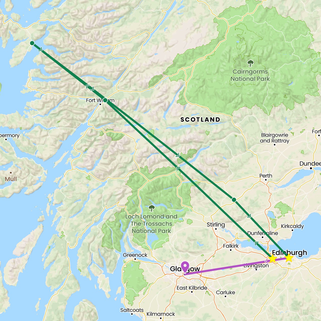 TravelMap itinerary: train, private car transfer in United Kingdom (Europe)