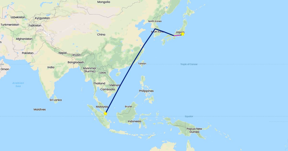 TravelMap itinerary: driving, train, flight, private car transfer in Japan, South Korea (Asia)