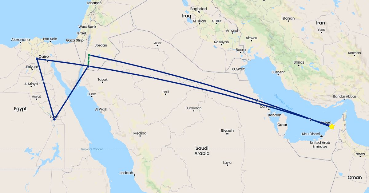 TravelMap itinerary: driving, flight, private car transfer in United Arab Emirates, Egypt, Jordan (Africa, Asia)