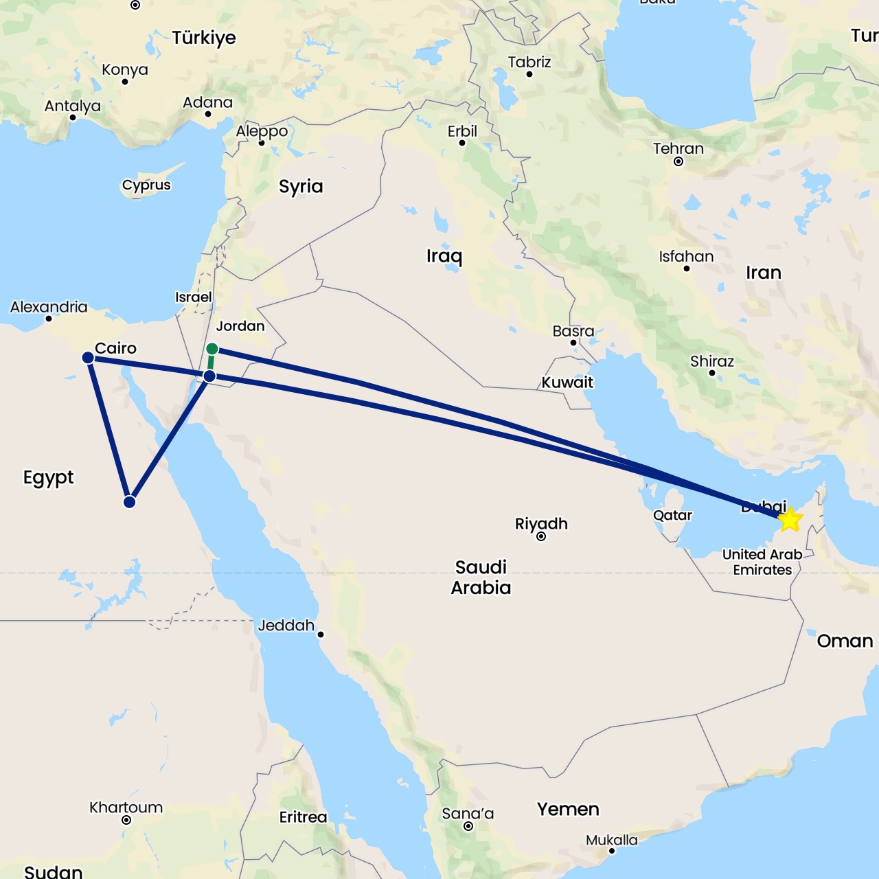 TravelMap itinerary: driving, flight, private car transfer in United Arab Emirates, Egypt, Jordan (Africa, Asia)