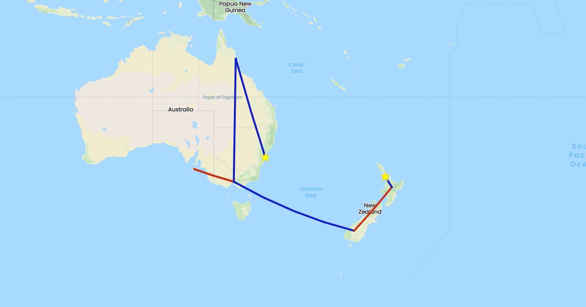 TravelMap itinerary: driving, private flight, commercial flight in Australia, New Zealand (Oceania)