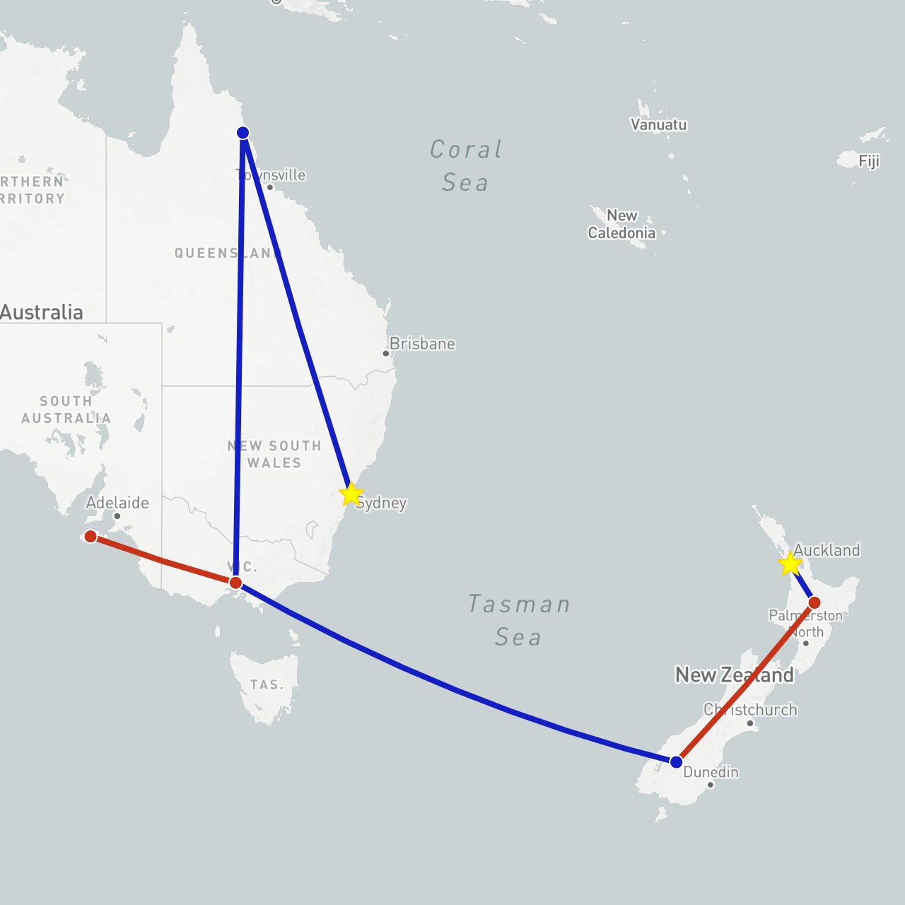 TravelMap itinerary: driving, private flight, commercial flight in Australia, New Zealand (Oceania)