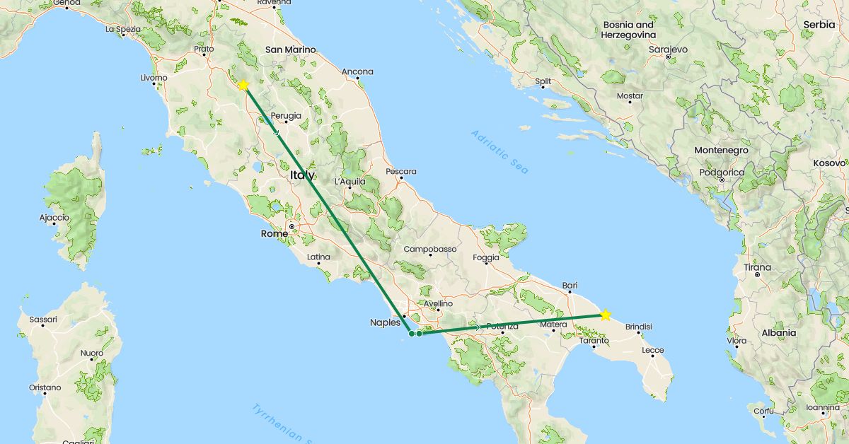TravelMap itinerary: driving, private car transfer in Italy (Europe)