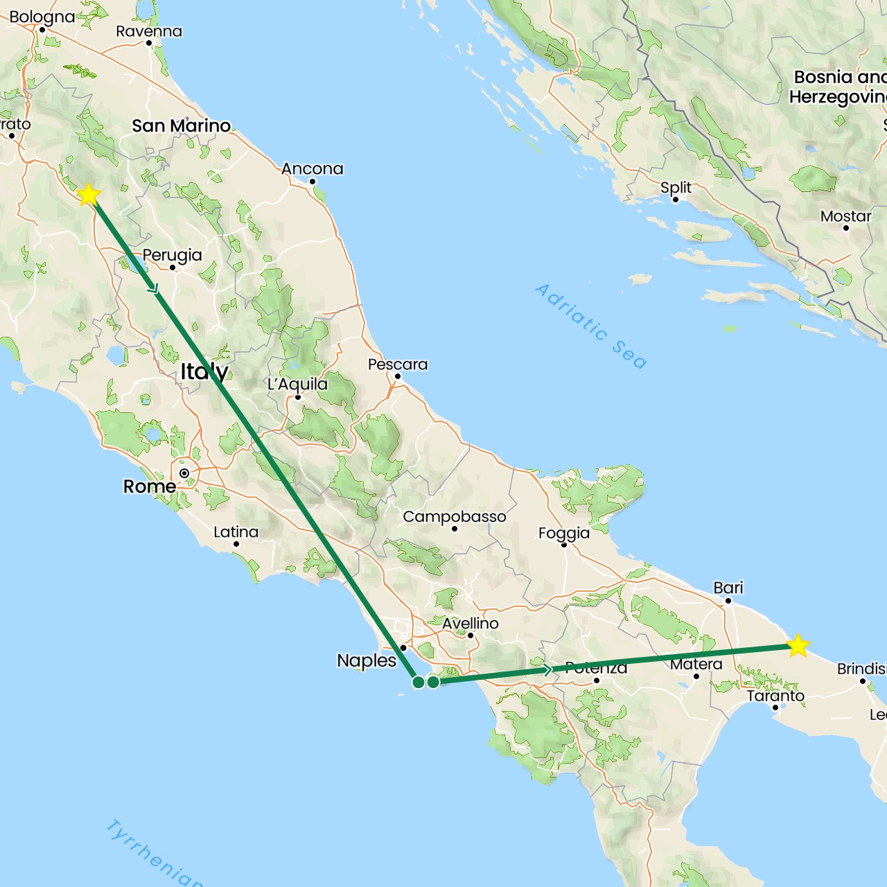 TravelMap itinerary: driving, private car transfer in Italy (Europe)