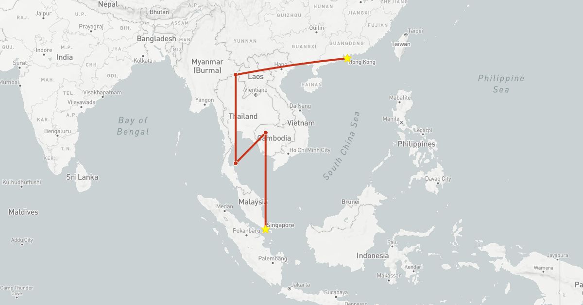 TravelMap itinerary: driving, private flight in China, Cambodia, Singapore, Thailand (Asia)