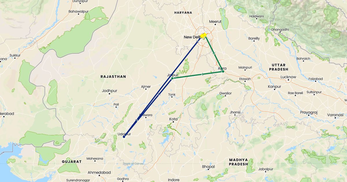 TravelMap itinerary: driving, flight, private car transfer in India (Asia)