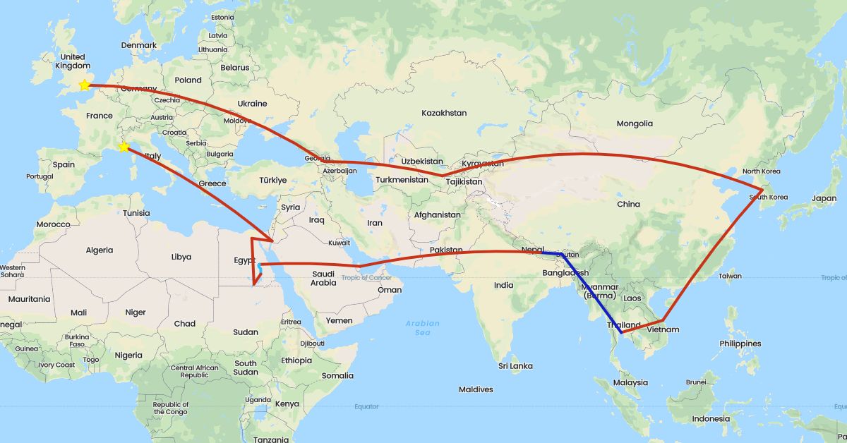 TravelMap itinerary: driving, boat, private flight, commercial flight in Bhutan, Egypt, France, United Kingdom, Georgia, Jordan, South Korea, Nepal, Qatar, Thailand, Uzbekistan, Vietnam (Africa, Asia, Europe)