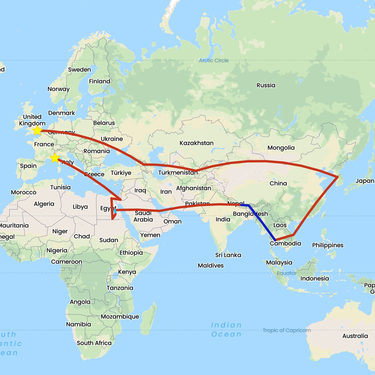 TravelMap itinerary: driving, boat, private flight, commercial flight in Bhutan, Egypt, France, United Kingdom, Georgia, Jordan, South Korea, Nepal, Qatar, Thailand, Uzbekistan, Vietnam (Africa, Asia, Europe)