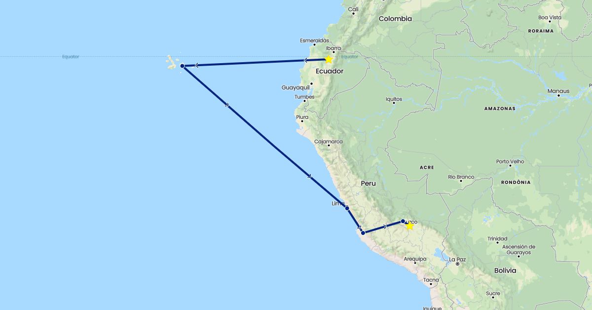 TravelMap itinerary: driving, flight in Ecuador, Peru (South America)