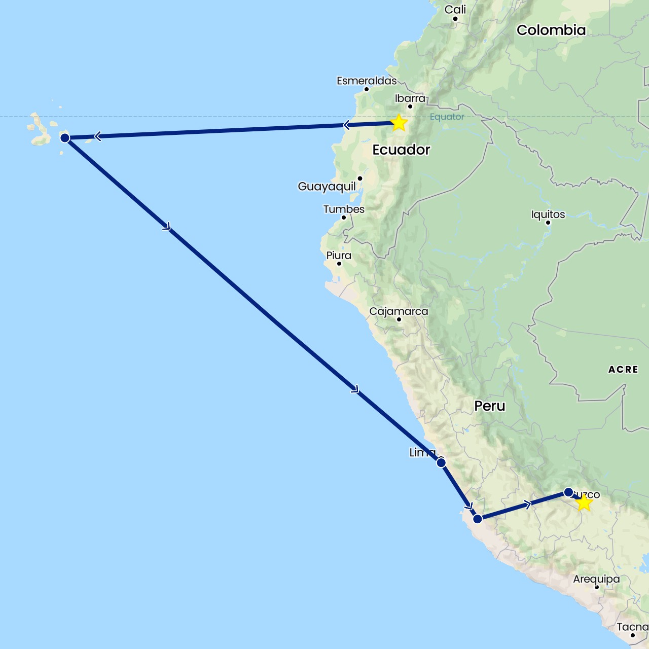 TravelMap itinerary: driving, flight in Ecuador, Peru (South America)