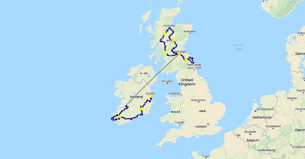 TravelMap itinerary: driving, plane in United Kingdom, Ireland (Europe)