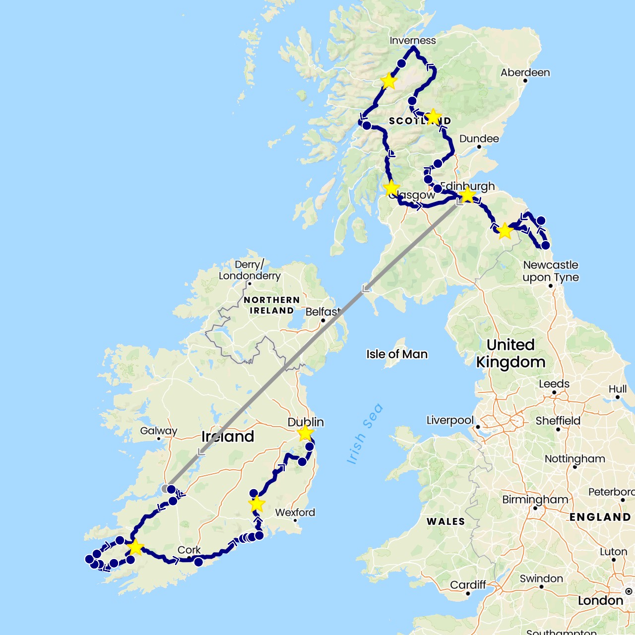 TravelMap itinerary: driving, plane in United Kingdom, Ireland (Europe)