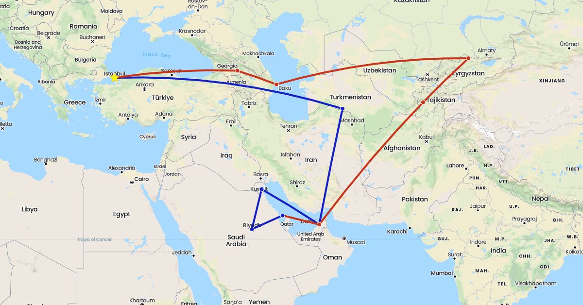 TravelMap itinerary: private flight, commercial flight in United Arab Emirates, Azerbaijan, Bahrain, Georgia, Kyrgyzstan, Kuwait, Saudi Arabia, Tajikistan, Turkmenistan, Turkey (Asia)
