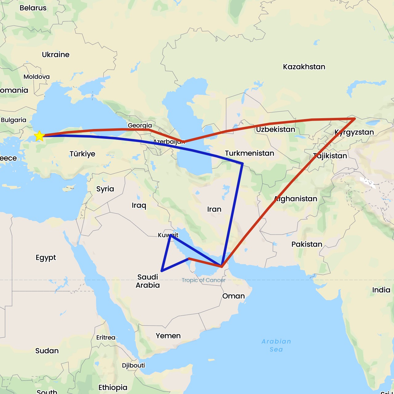 TravelMap itinerary: private flight, commercial flight in United Arab Emirates, Azerbaijan, Bahrain, Georgia, Kyrgyzstan, Kuwait, Saudi Arabia, Tajikistan, Turkmenistan, Turkey (Asia)
