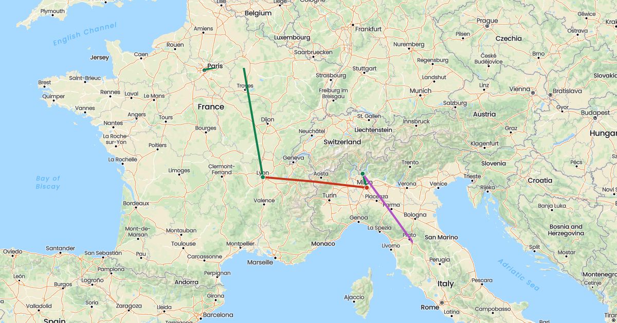 TravelMap itinerary: driving, train, private flight, private car transfer in France, Italy (Europe)