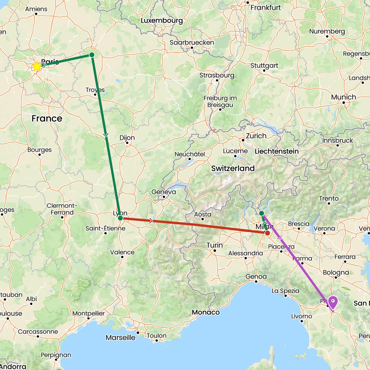 TravelMap itinerary: driving, train, private flight, private car transfer in France, Italy (Europe)