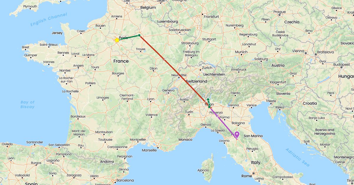 TravelMap itinerary: driving, train, private flight, private car transfer in France, Italy (Europe)