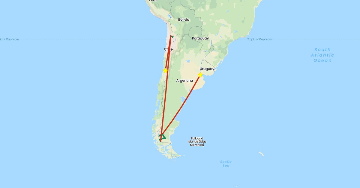 TravelMap itinerary: driving, private flight, private car transfer in Argentina, Chile (South America)