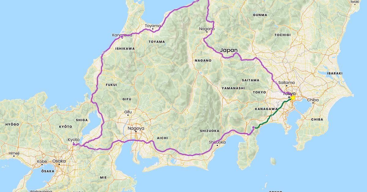 TravelMap itinerary: driving, train, private car transfer in Japan (Asia)