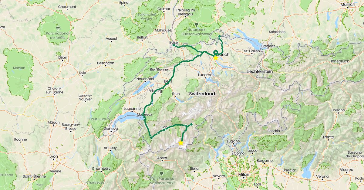 TravelMap itinerary: driving, private car transfer in Switzerland (Europe)