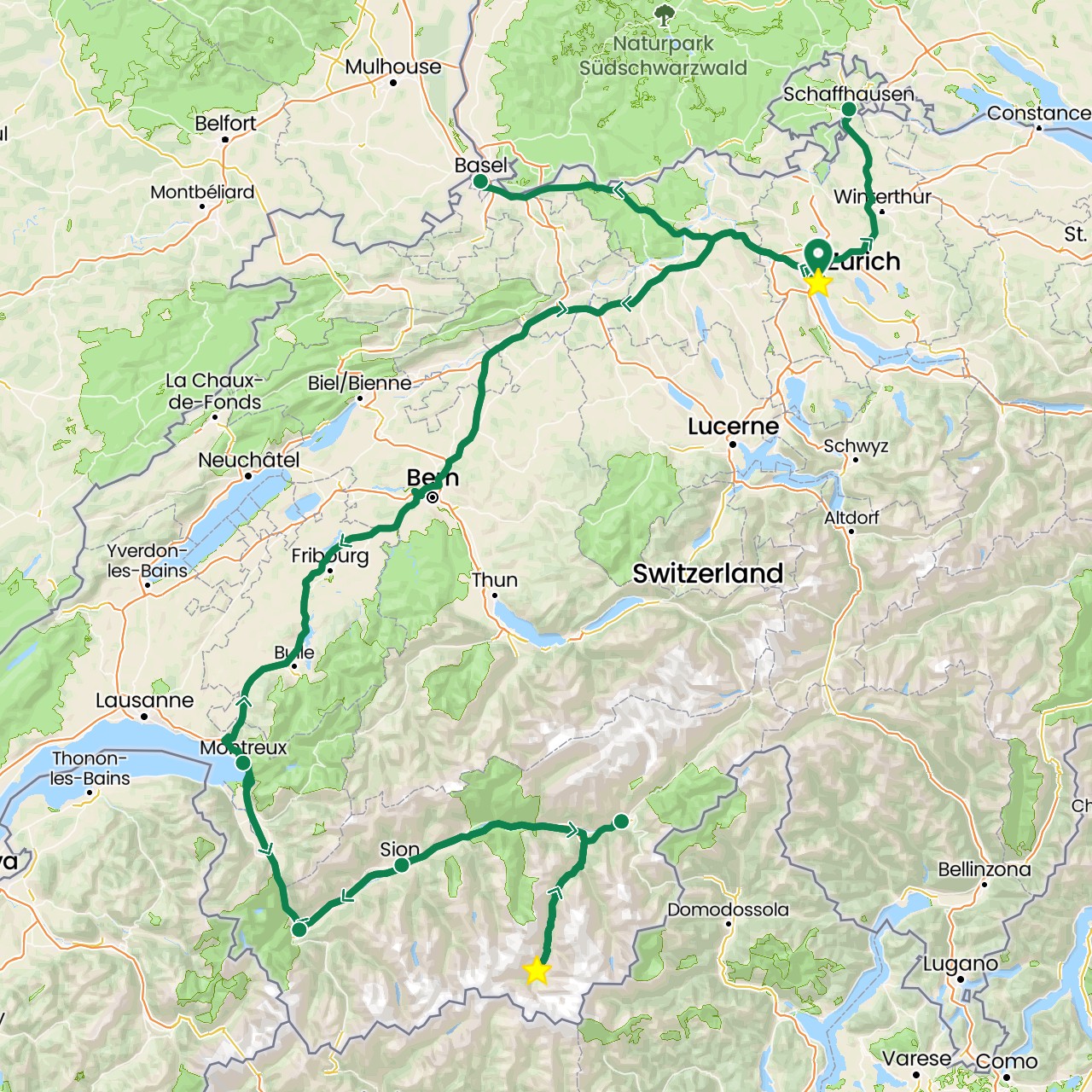 TravelMap itinerary: driving, private car transfer in Switzerland (Europe)