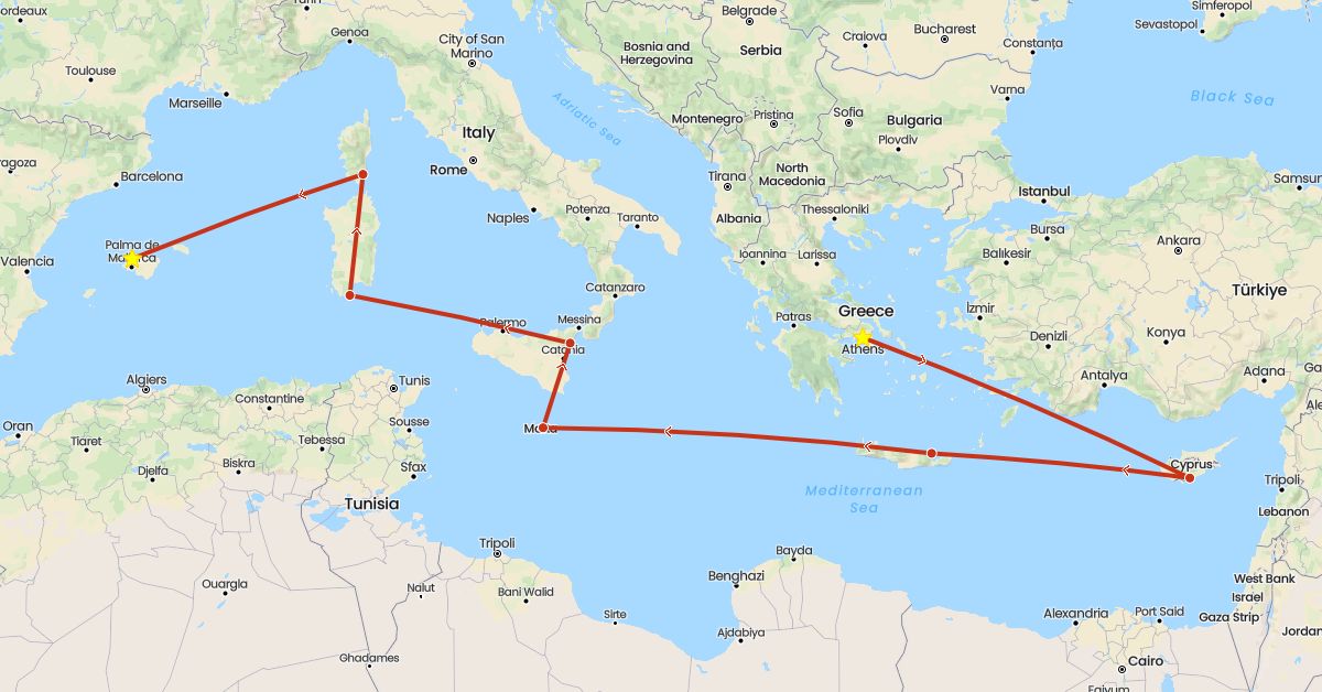 TravelMap itinerary: driving, private flight in Cyprus, Spain, France, Greece, Italy, Malta (Asia, Europe)