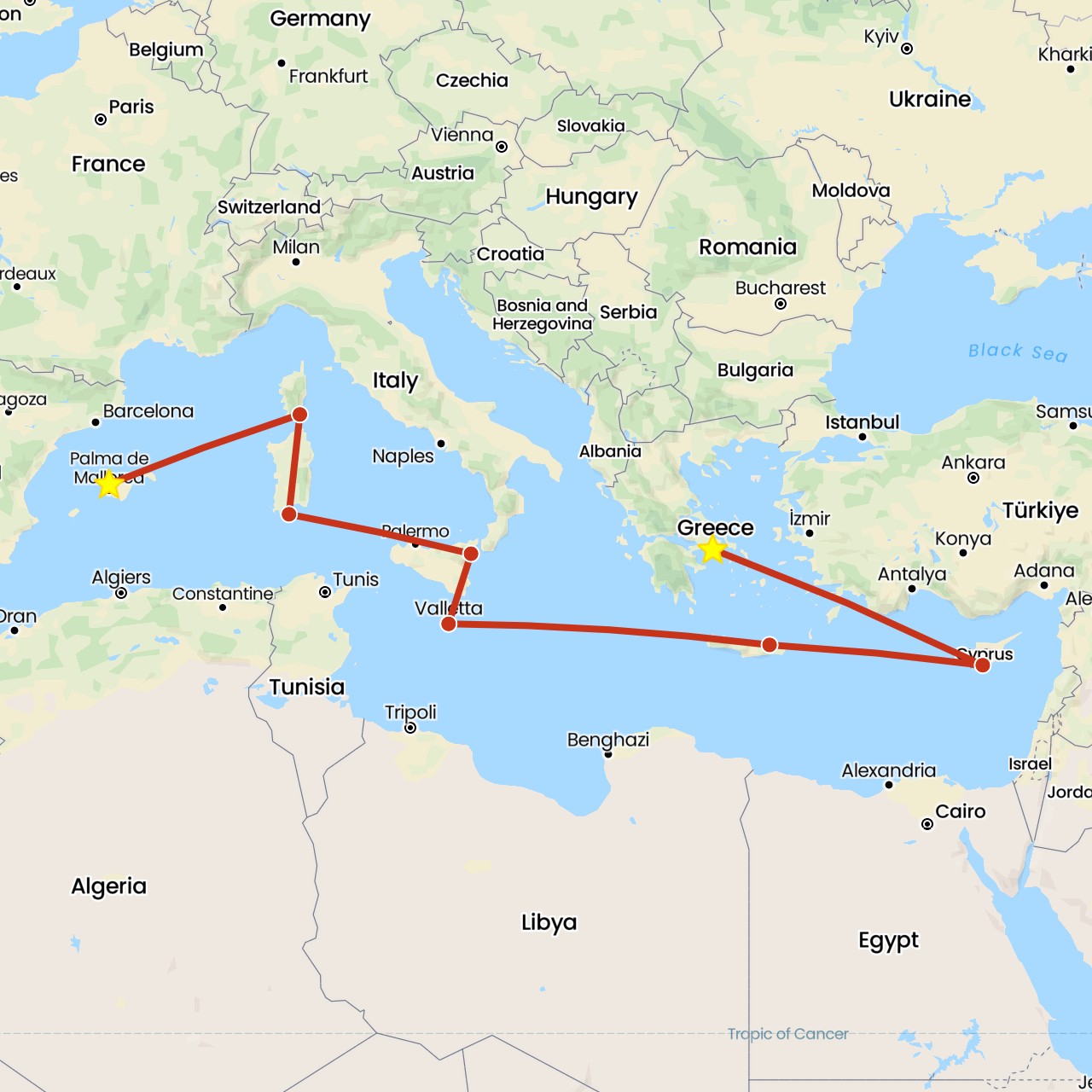 TravelMap itinerary: driving, private flight in Cyprus, Spain, France, Greece, Italy, Malta (Asia, Europe)