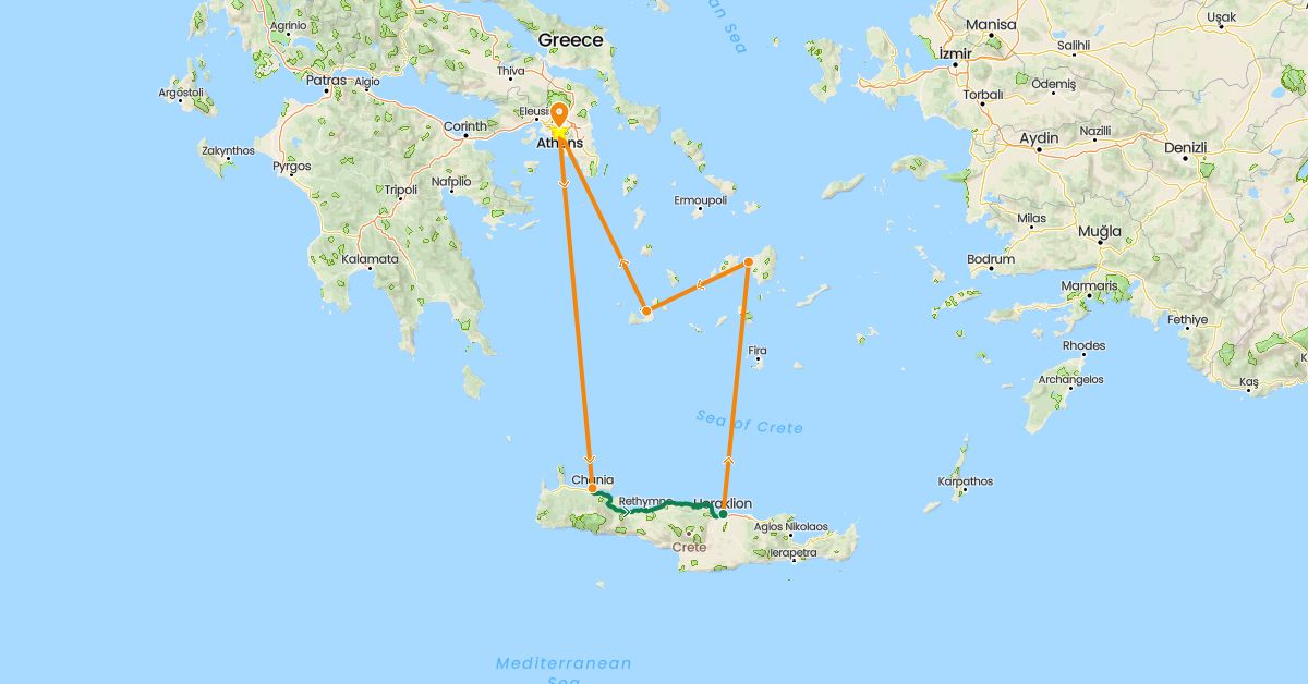 TravelMap itinerary: driving, private car transfer, helicopter in Greece (Europe)