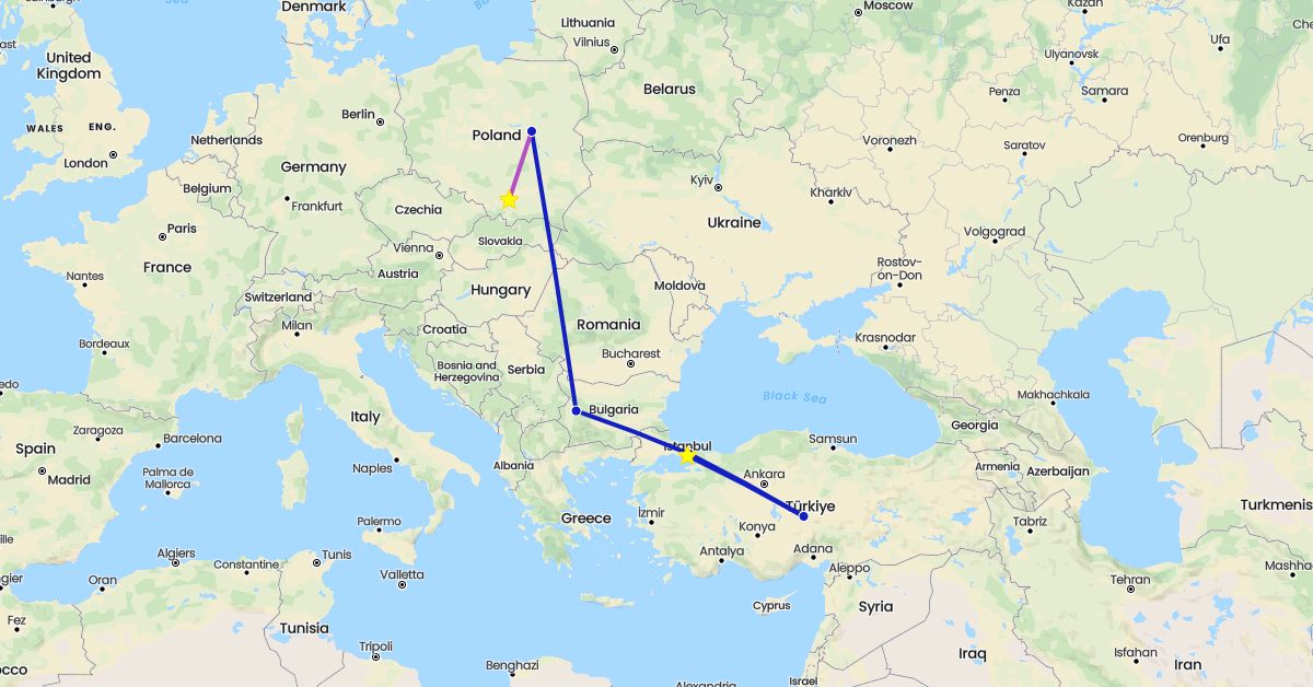 TravelMap itinerary: driving, train, commercial flight in Bulgaria, Poland, Turkey (Asia, Europe)