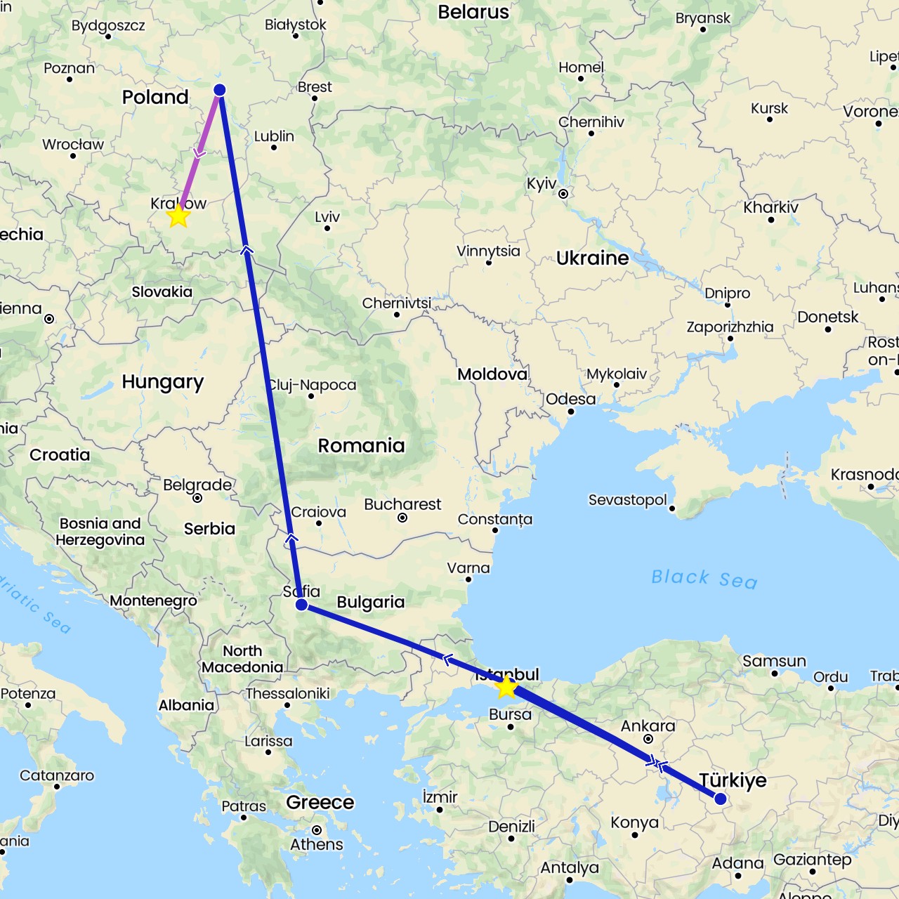 TravelMap itinerary: driving, train, commercial flight in Bulgaria, Poland, Turkey (Asia, Europe)