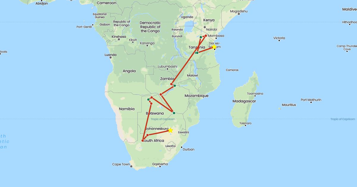 TravelMap itinerary: private flight, private car transfer in Botswana, Tanzania, South Africa, Zambia (Africa)