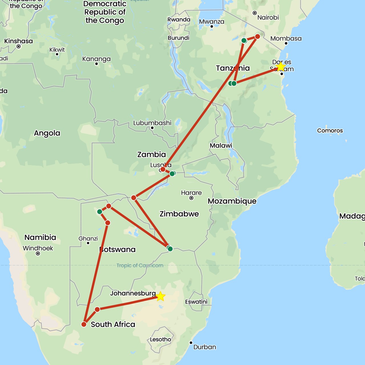 TravelMap itinerary: private flight, private car transfer in Botswana, Tanzania, South Africa, Zambia (Africa)