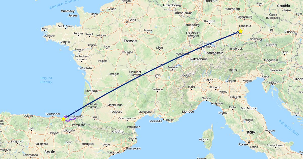 TravelMap itinerary: driving, bus, boat, flight, self-driving, taxi in Germany, Spain (Europe)