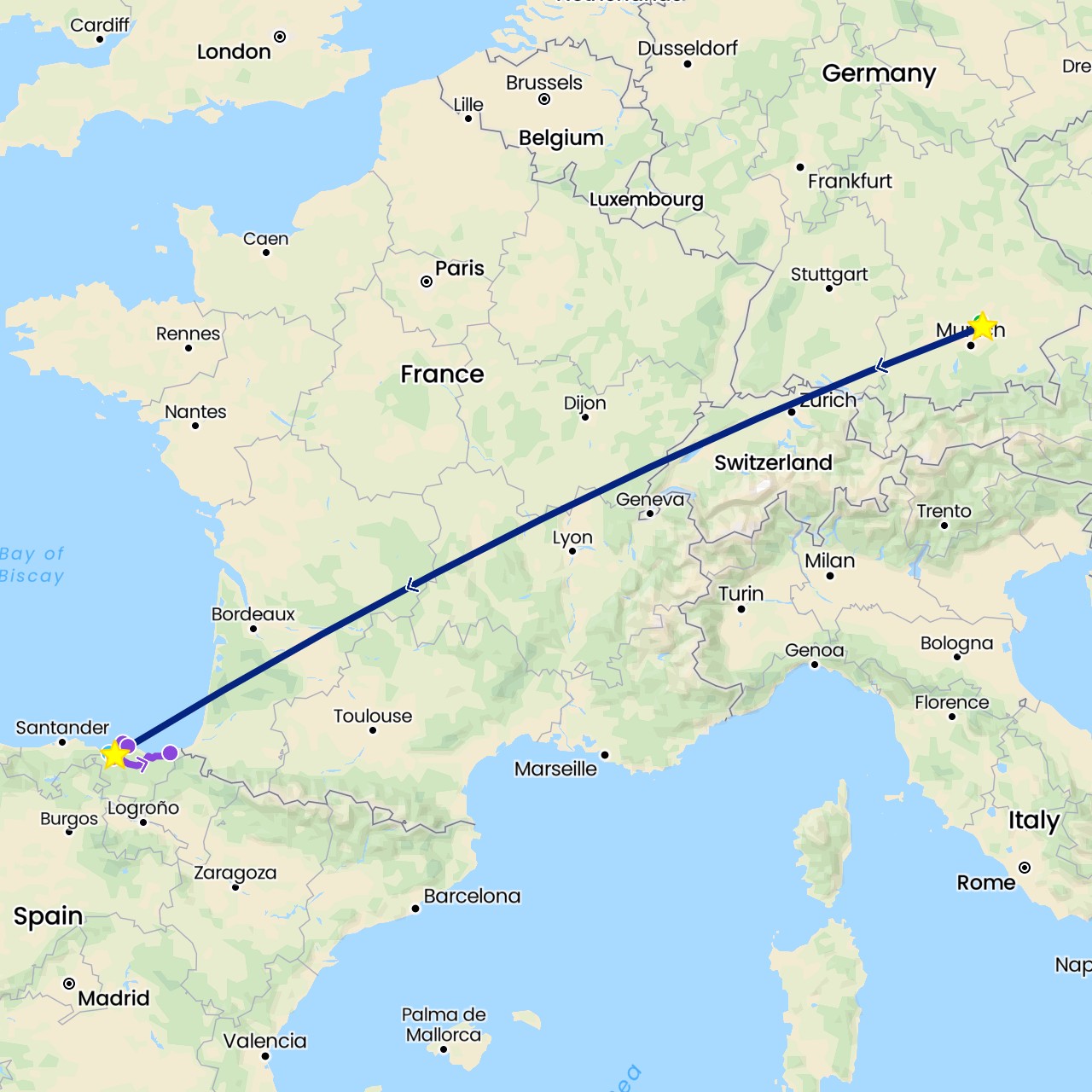 TravelMap itinerary: driving, bus, boat, flight, self-driving, taxi in Germany, Spain (Europe)