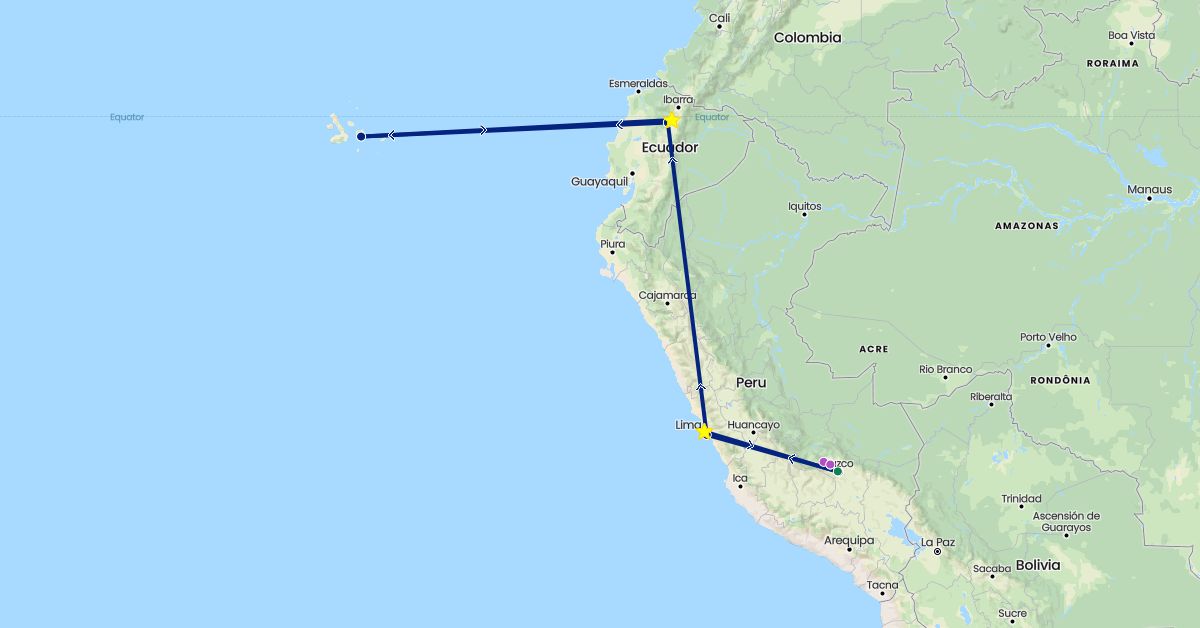 TravelMap itinerary: train, flight, private car transfer in Ecuador, Peru (South America)