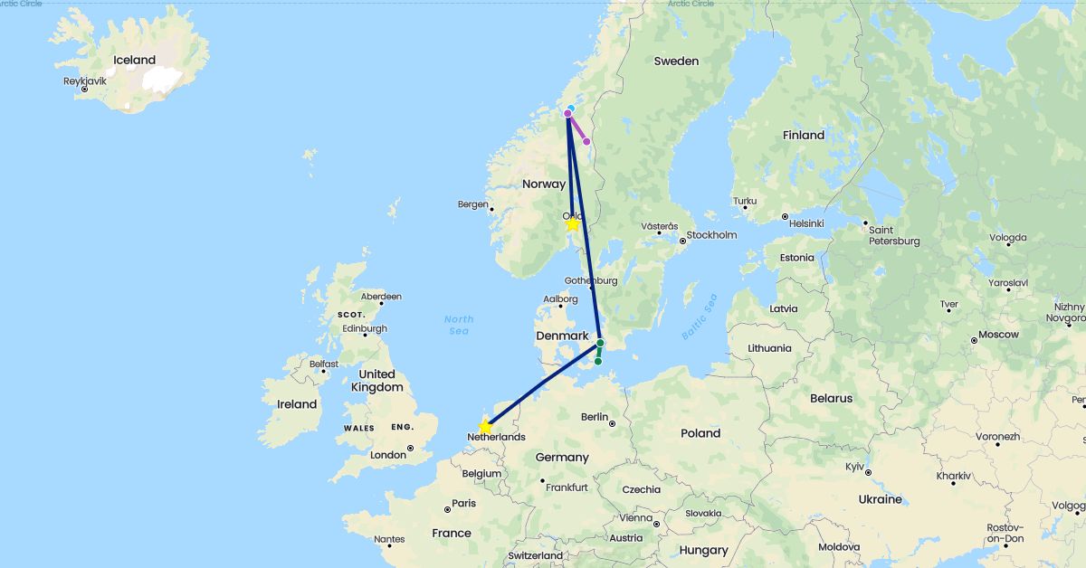 TravelMap itinerary: driving, train, boat, flight, private car transfer in Denmark, Netherlands, Norway (Europe)
