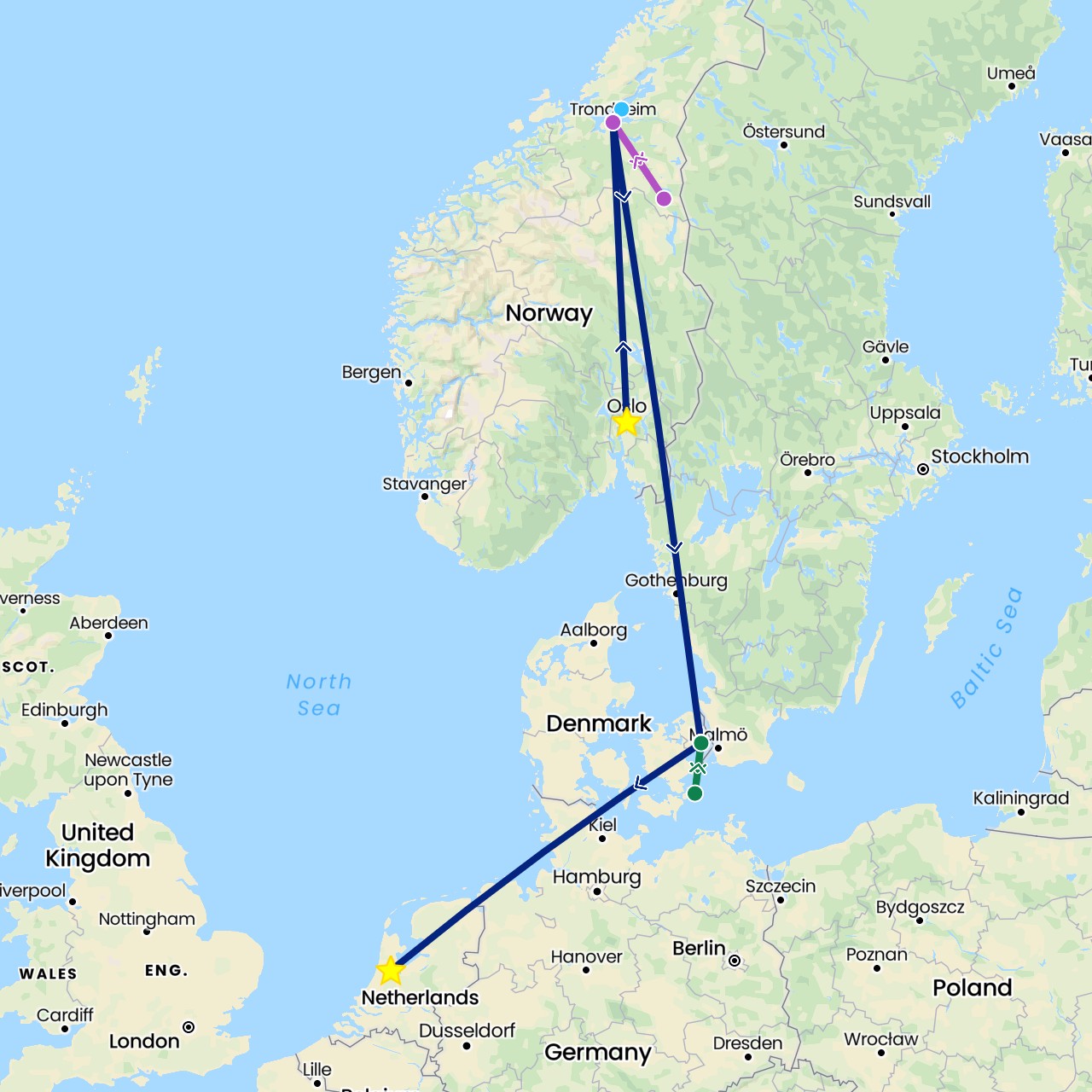 TravelMap itinerary: driving, train, boat, flight, private car transfer in Denmark, Netherlands, Norway (Europe)