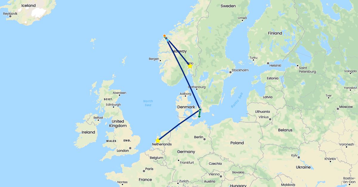 TravelMap itinerary: driving, boat, flight, private car transfer, helicopter in Denmark, Netherlands, Norway (Europe)