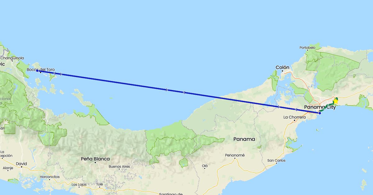 TravelMap itinerary: commercial flight, private car transfer in Panama (North America)