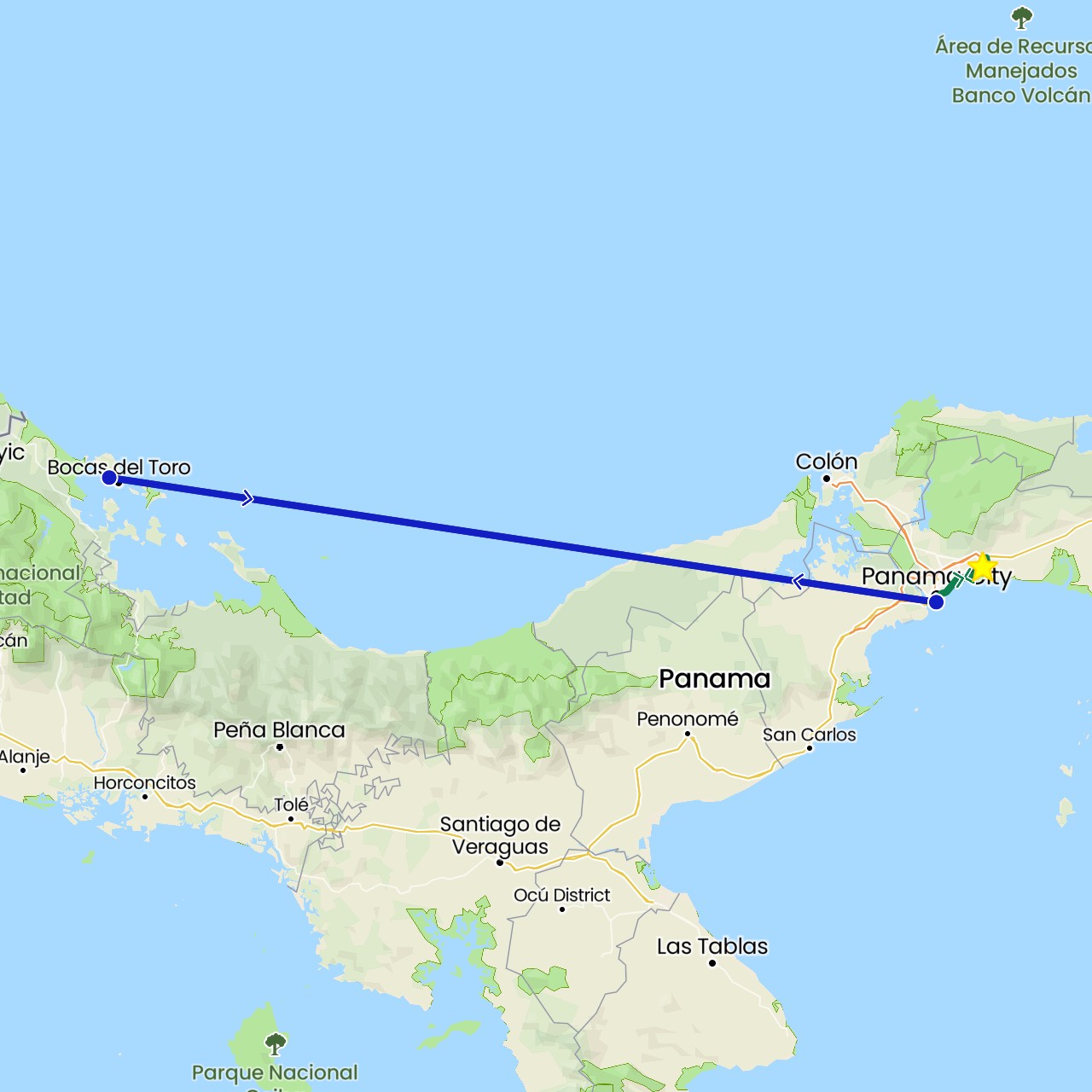 TravelMap itinerary: commercial flight, private car transfer in Panama (North America)
