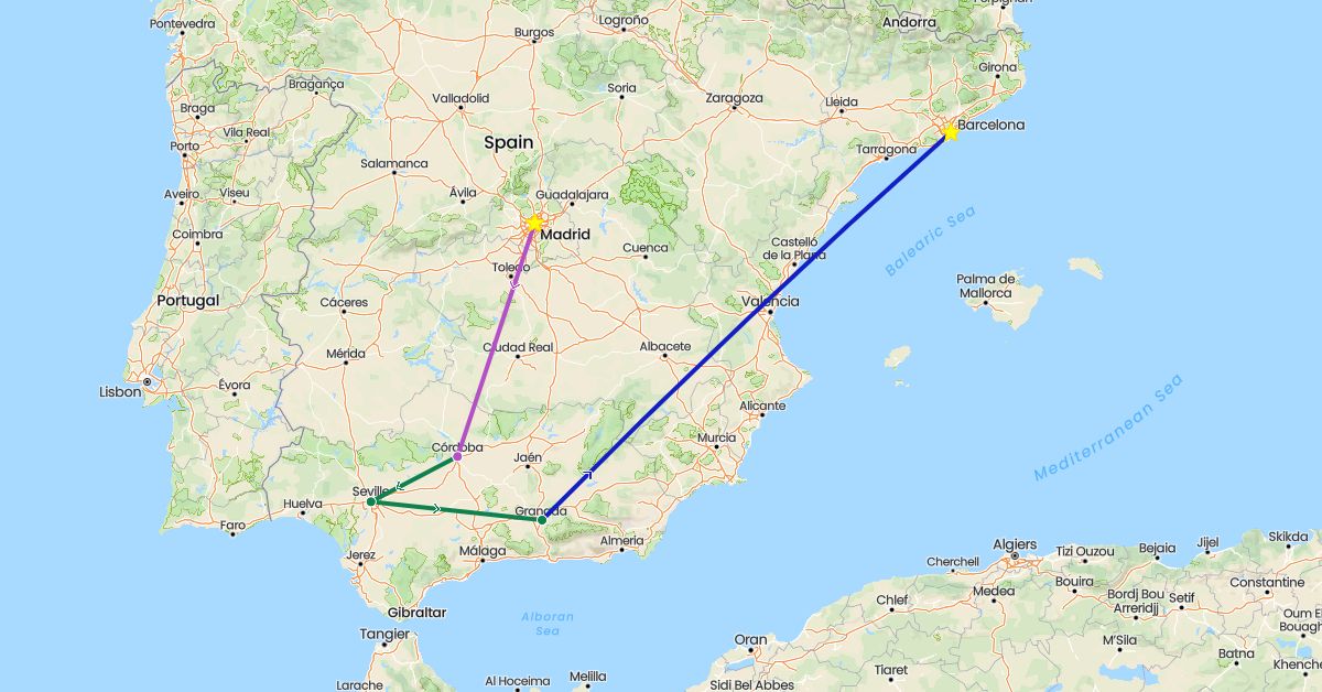 TravelMap itinerary: driving, train, commercial flight, private car transfer in Spain (Europe)