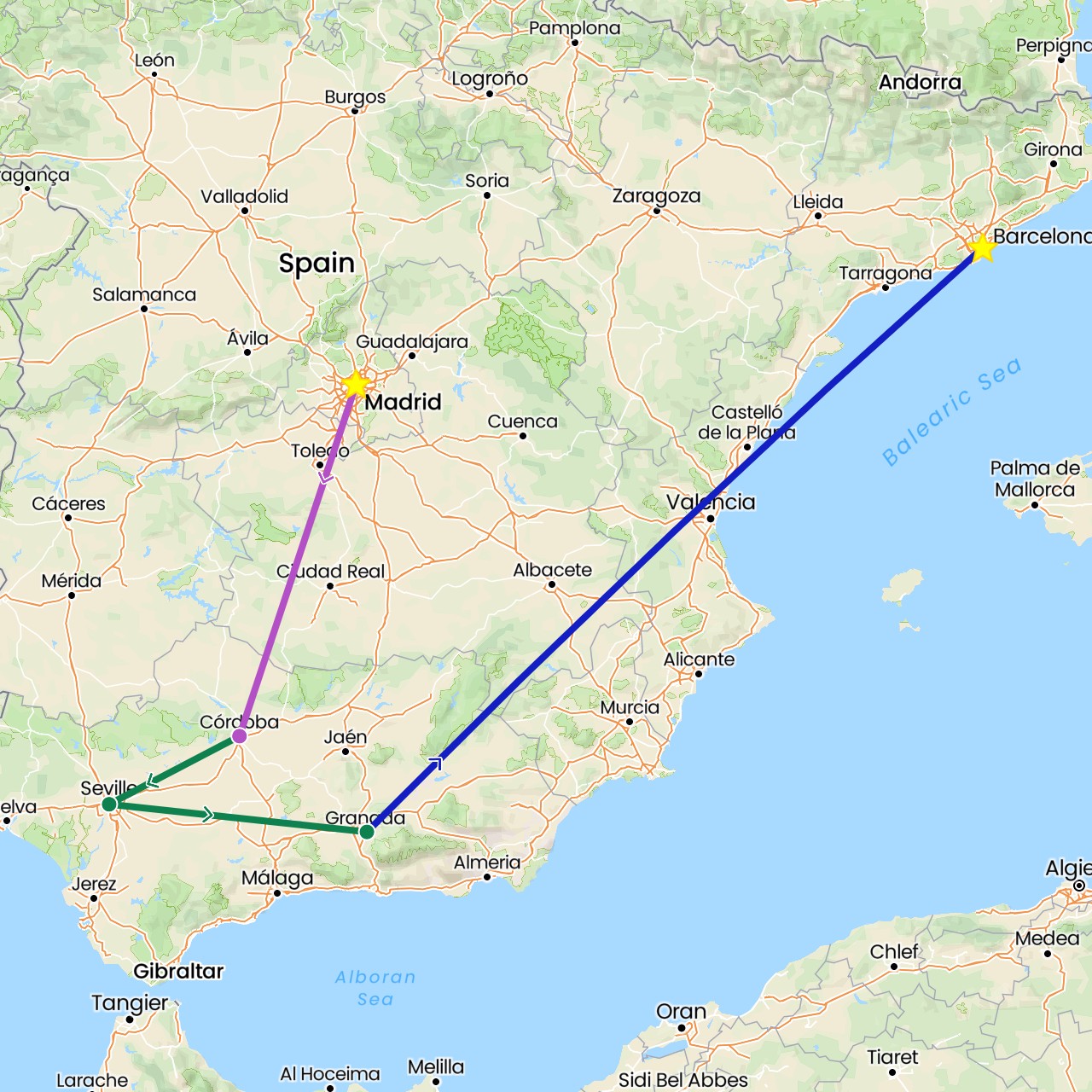 TravelMap itinerary: driving, train, commercial flight, private car transfer in Spain (Europe)