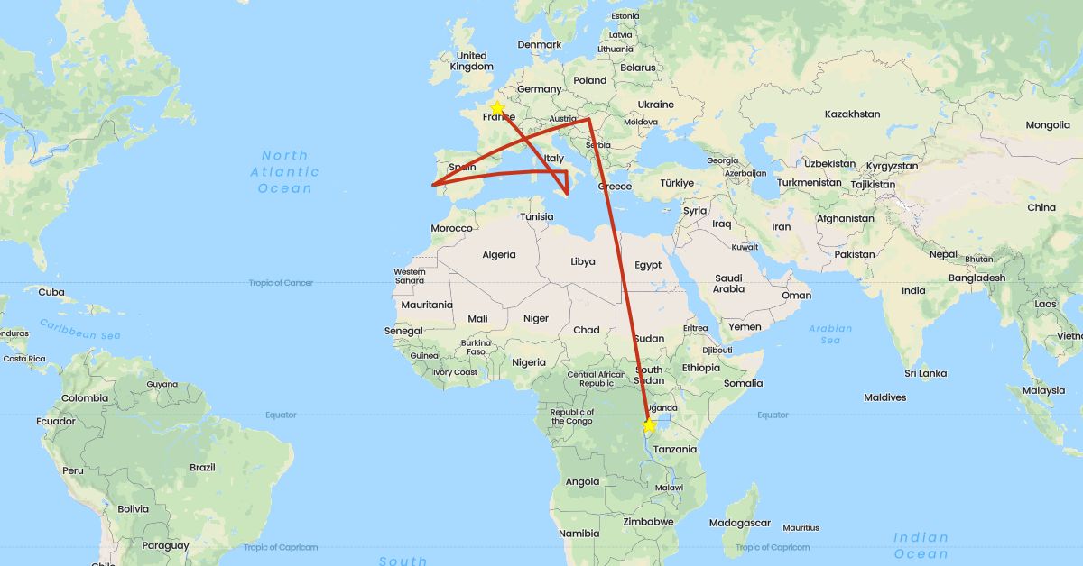 TravelMap itinerary: private flight, private car transfer in France, Hungary, Italy, Portugal, Rwanda (Africa, Europe)