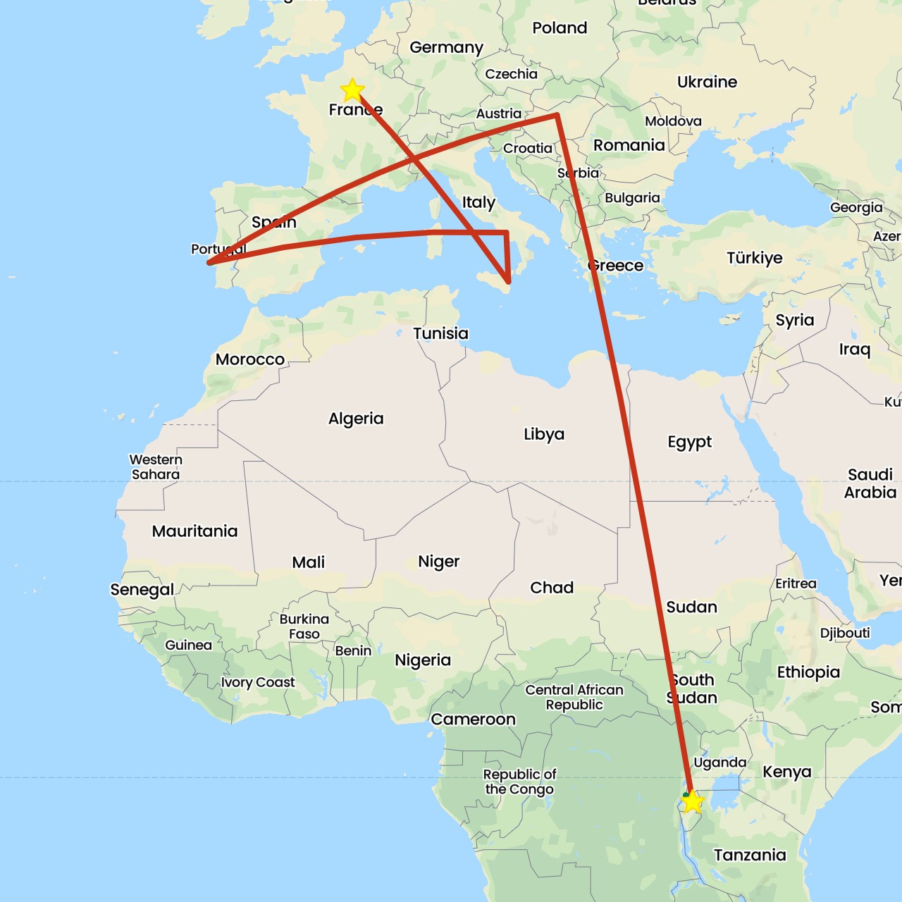 TravelMap itinerary: private flight, private car transfer in France, Hungary, Italy, Portugal, Rwanda (Africa, Europe)