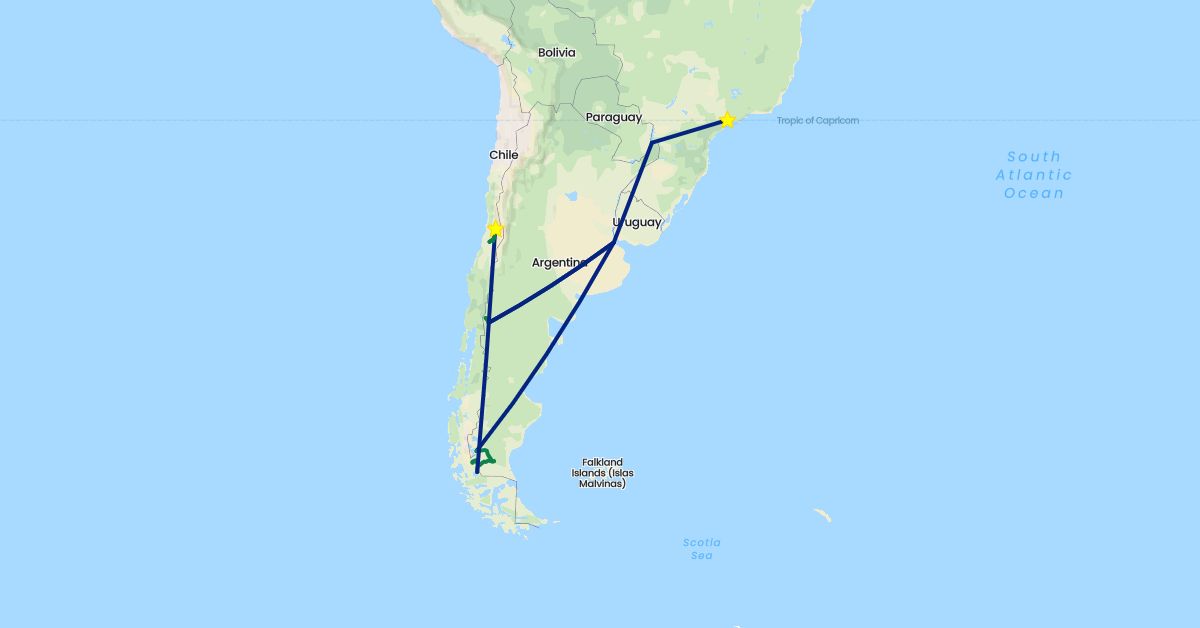 TravelMap itinerary: flight, private car transfer in Argentina, Brazil, Chile (South America)